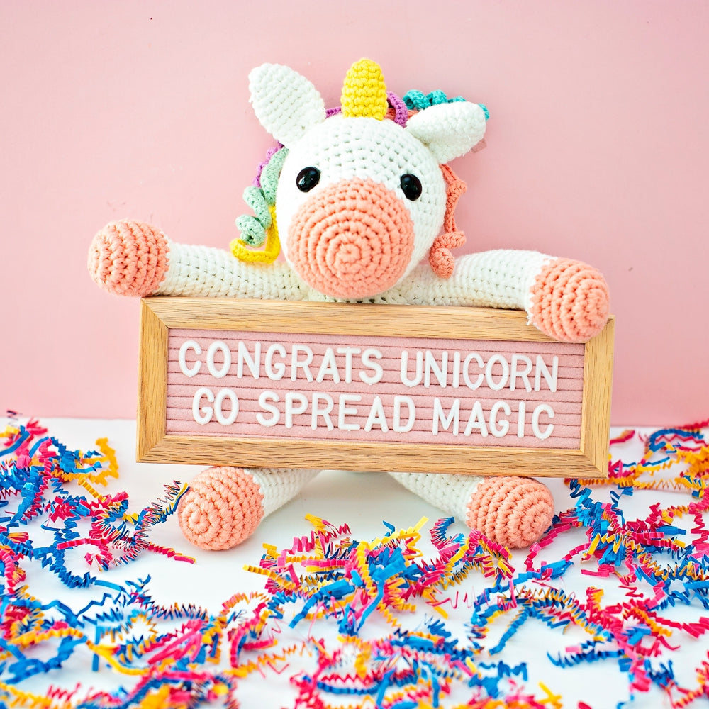 Crochet Unicorn Graduation Gift With Letterboard